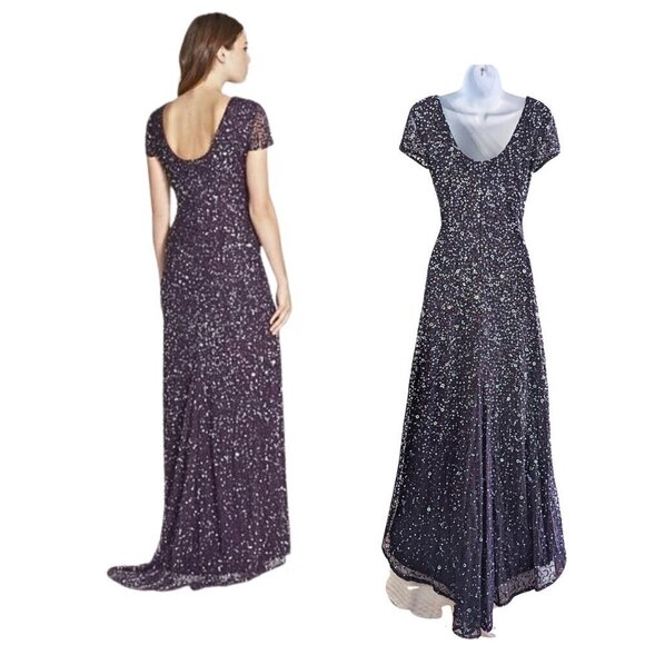 NWT ADRIANNA PAPELL Amethyst Scoop Back All Over Sequin Cap Sleeve Gown Size 4P - Picture 8 of 9